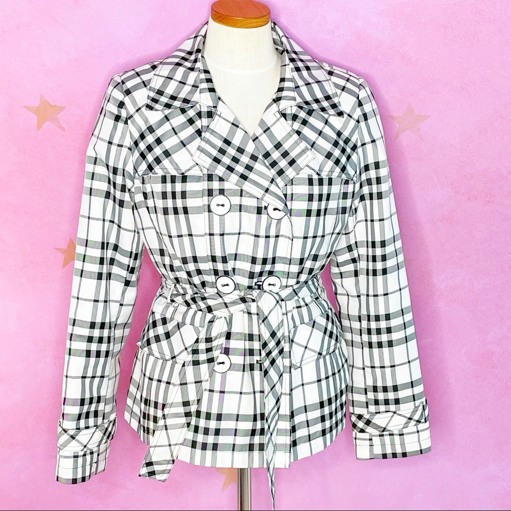 Giacca Gallery Black White Plaid Double Breasted Raincoat Jacket